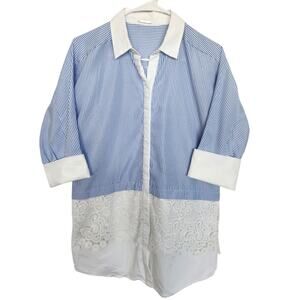 Elie Tahari Striped Lace Embroidered Button Down Shirt Blue Designer Relaxed Fit